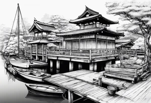 Japanese building, boat dock, guitar, piano tattoo idea