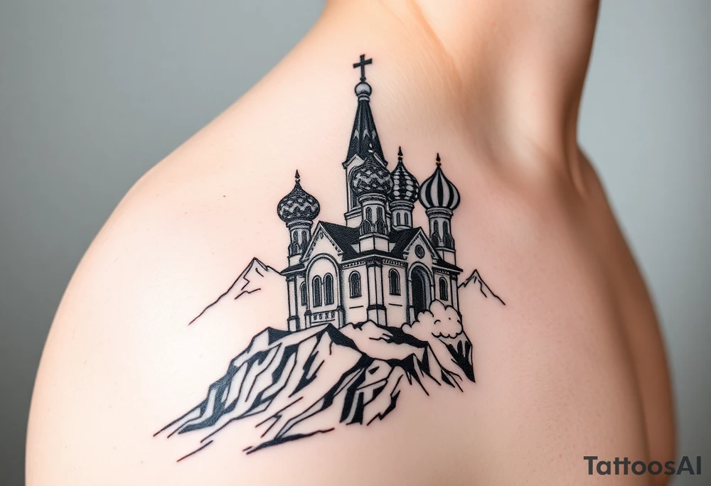 russian orthodox christian left arm tattoo with st basils cathederal in a mountainous setting with clouds tattoo idea