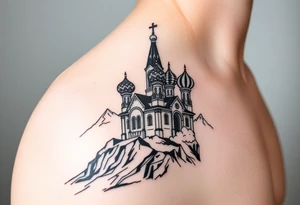 russian orthodox christian left arm tattoo with st basils cathederal in a mountainous setting with clouds tattoo idea