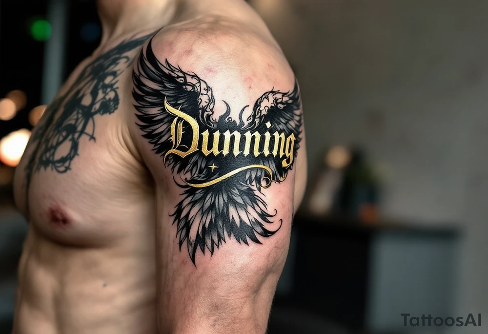 “Dunning” on left arm,details include bold strong font, faint gold highlights, theme of wealth,angel wing tattoo idea