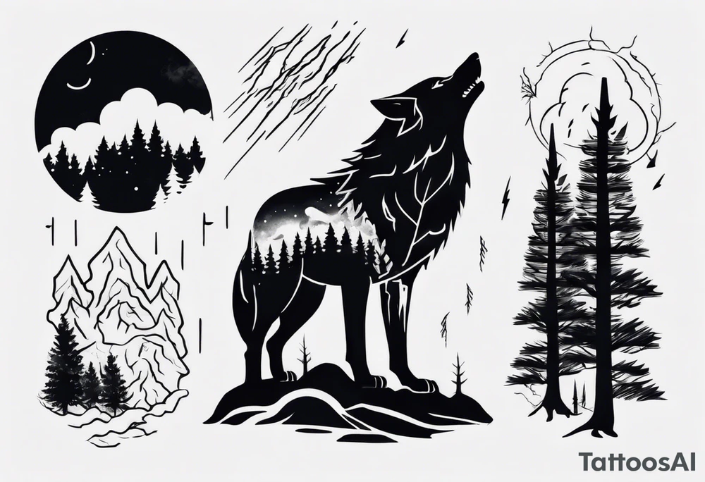 a thunderstorm over a forest and a wolf howling tattoo idea a thunderstorm over a forest and a wolf howling tattoo idea