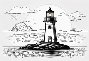 Farol no oceano em mar agitado bem delicado, e navio ao fundo tattoo idea