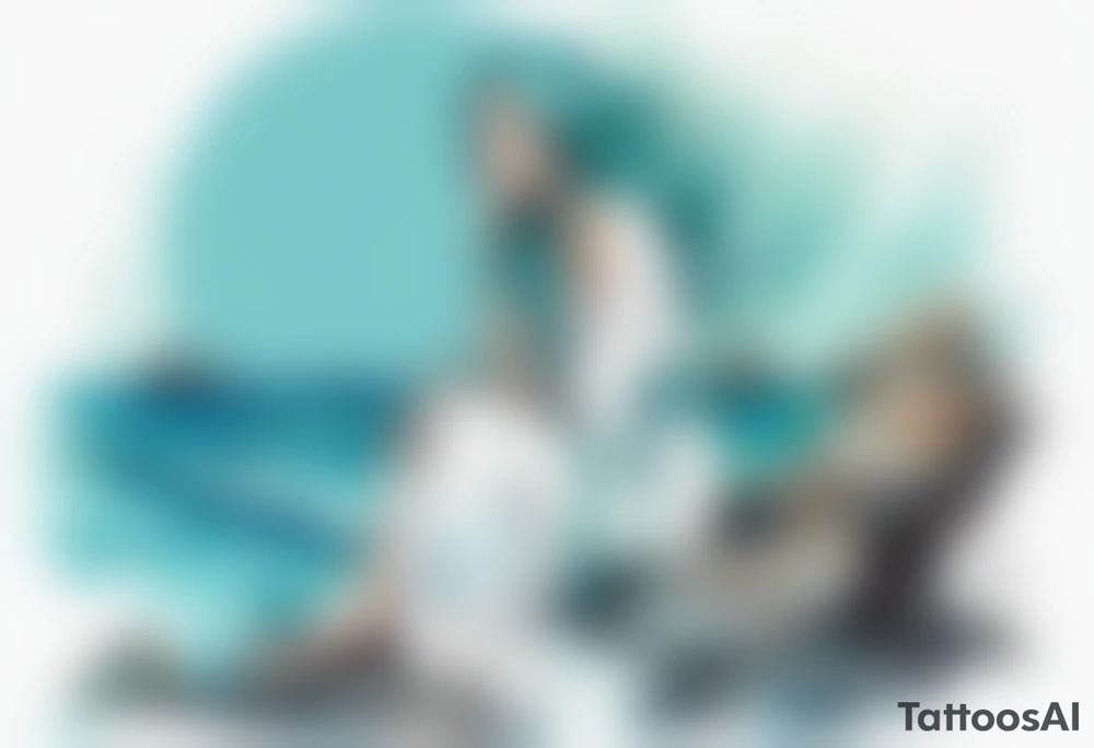 A beautiful undine with turquois scales wearing a white robe, sitting on rocks by the ocean tattoo idea
