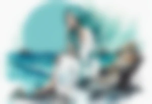 A beautiful undine with turquois scales wearing a white robe, sitting on rocks by the ocean tattoo idea