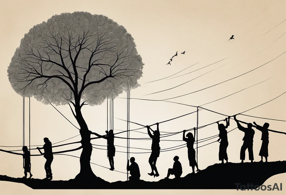 utopia picture of a tree at one level where above the surface is a group of people living in prosperity surrounding a tree. Below the surface the roots of the tree go down and turn into ropes and people are climbing these ropes to try and reach the above the surface. below the people climbing the ropes is hell, wih depicting of war slavery and death. going back to the top, above the tree is a perfection or heaven / nirvana. . include alchemical and occult symbols to depict this journey to enlightenment like religious or astrolligcal symblol. make it a full body tattoo stencil where the top of the tree would be at the chest and the ropes at the legs. tattoo idea