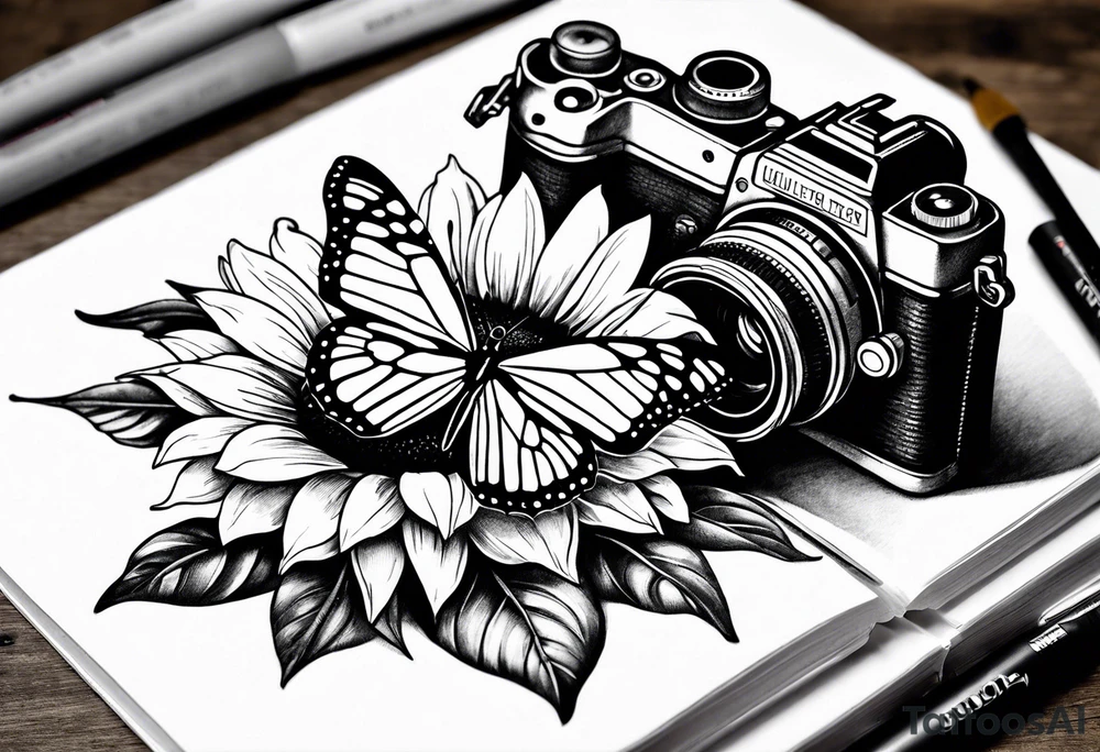 Butterfly, sunflower, camera, book, flower rose tattoo idea
