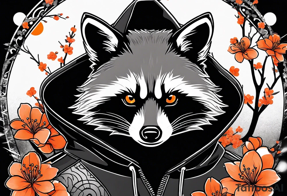 Raccoon wearing a white Superman logo on a black hoodie and orange Japanese cherry blossoms beside tattoo idea