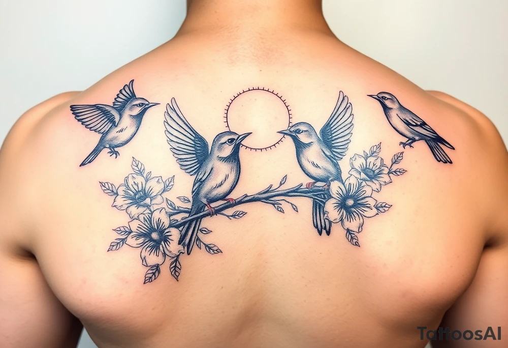 Four birds, flowers, branch, sun or moon tattoo idea