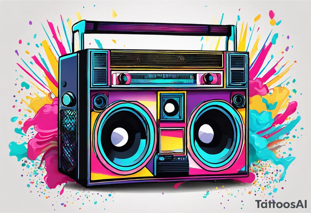 1980's style big boom box mith confetti, and music notes in the air, sound waves against miami vice style beach background, include sexy party goers tattoo idea