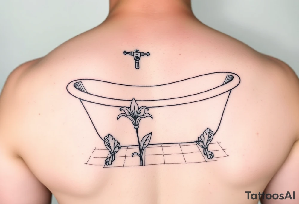 clawfoot bathtub with simple faucet and lily coming up out of the tile floor tattoo idea