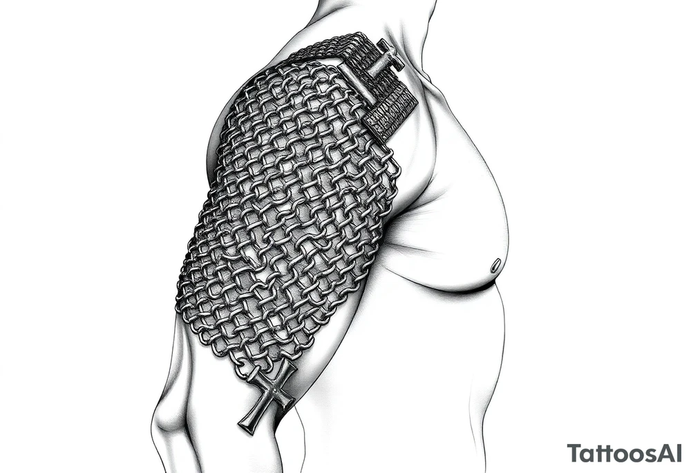 Chainmail armor from bottom of neck to  below elbow with a cross on shoulder tattoo idea
