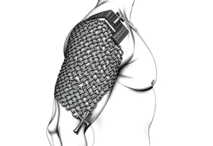 Chainmail armor from bottom of neck to  below elbow with a cross on shoulder tattoo idea