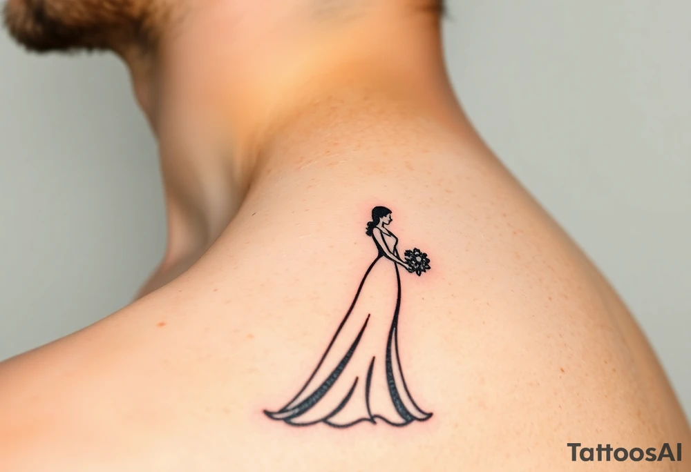 A black and white silhouette of a bride and groom in a romantic embrace, with soft golden highlights for warmth and elegance tattoo idea