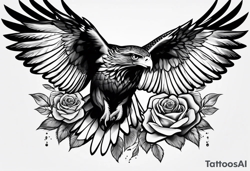 Hawk with rose in mouth flying down tattoo idea