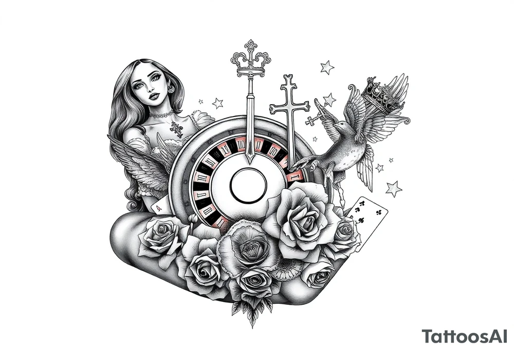 Roulette casino and princess and cross, baby angels, roses and clock and stars and fish, crown tattoo idea