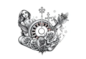 Roulette casino and princess and cross, baby angels, roses and clock and stars and fish, crown tattoo idea