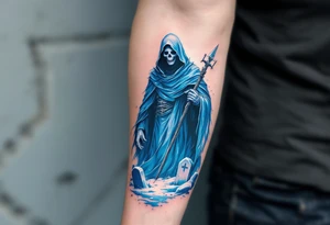 A half-sleeve tattoo of a Reaper in icy blue tones standing in a snowy graveyard. tattoo idea