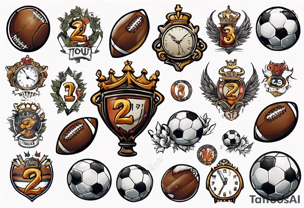 Ballon de football avec le numéro23 ,  une horloge avec une couronne,  le tout avec au fond un taureau tattoo idea