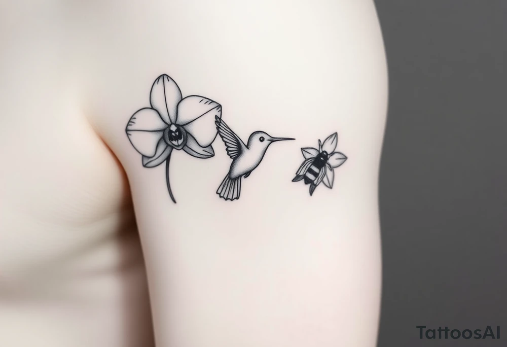 A delicate, black and white fine-line tattoo for male, featuring gracefully detailed 2 orchids in full bloom including their stems, with soft, intricate petals and elegant curves. Beside it, a hummingbird hovers mid-flight, its wings drawn with subtle motion lines, its slender beak reaching toward the orchid’s center to drink its nectar. on the other flower there is a bee that is resting tattoo idea