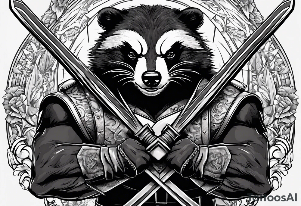 Draw me badger/wolverine with aggressive full body show, killer face with cute smile, very long nails and he attacks like a Turkish gladiator to enemy and also he has very deadly looking. The only weapon is his braveness he fights with his nails. tattoo idea
