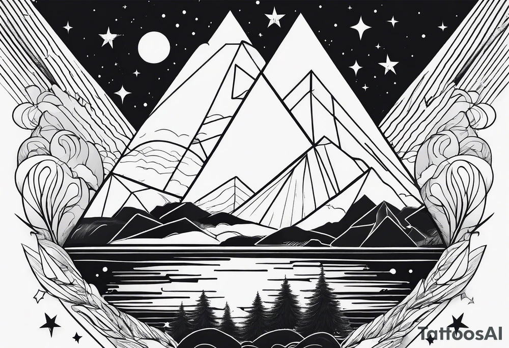 simple thick line art of space and nature in triangle shape tattoo idea