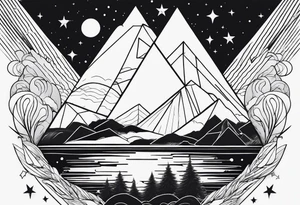 simple thick line art of space and nature in triangle shape tattoo idea