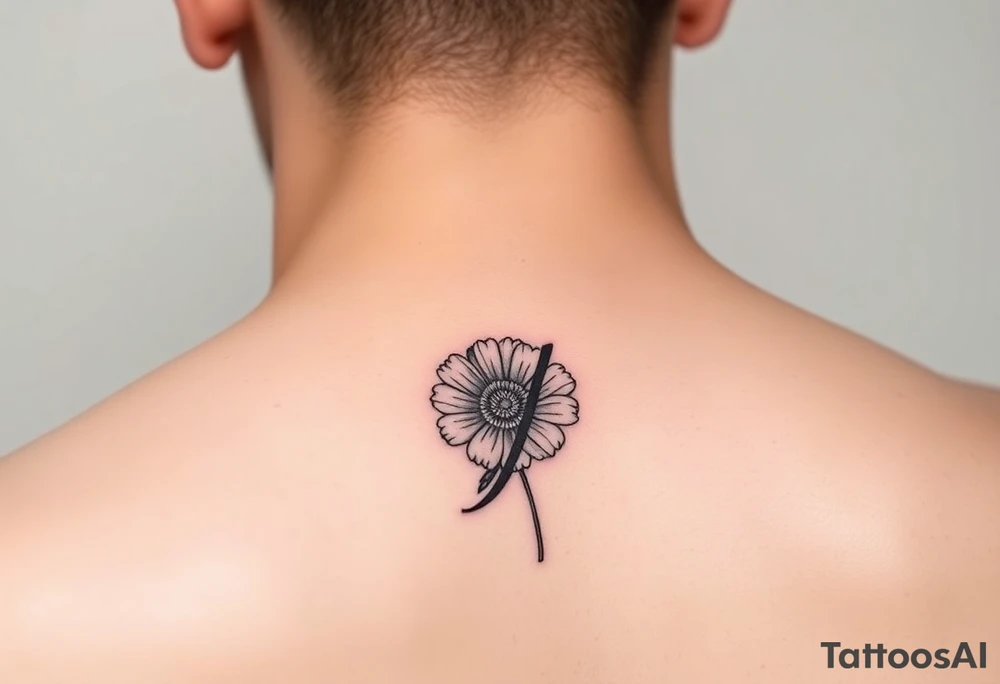 Initial g in cursive added into the October birth flower (marigold) small dainty behind the ear tattoo idea