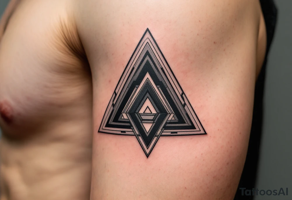A geometric triangle pattern in black and gray, stacked and repeating like an optical illusion. tattoo idea