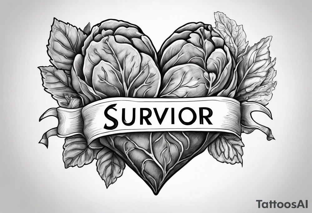 Manly Human heart intertwined with cabbage leaves and the word “survivor” tattoo idea