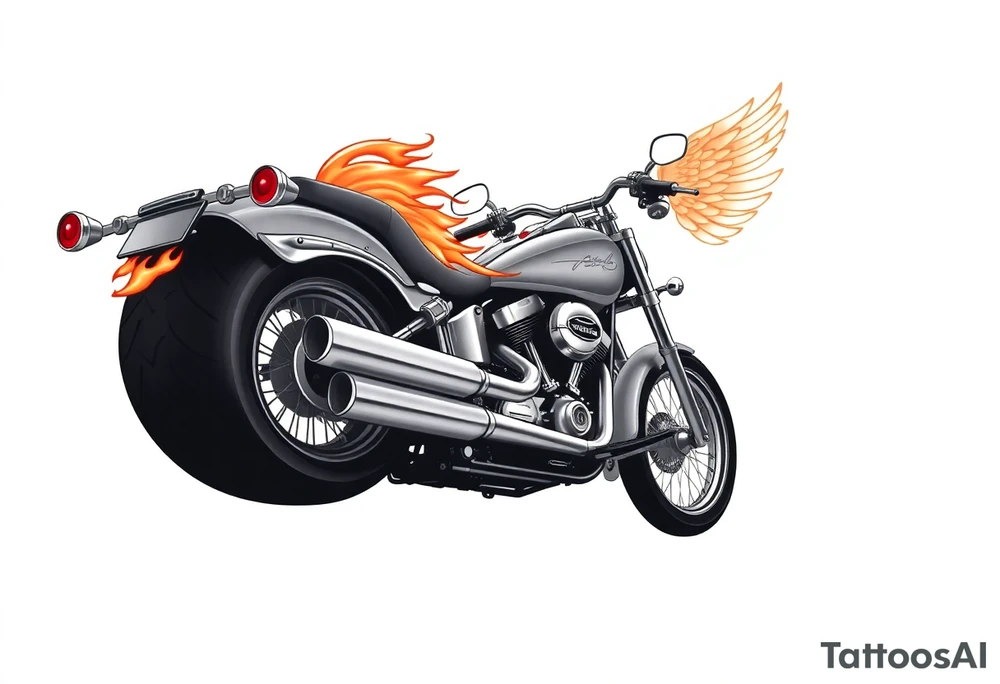 Low rider grey motorcycle, big muffler pipes with flames, angel wings, driving away, no person tattoo idea
