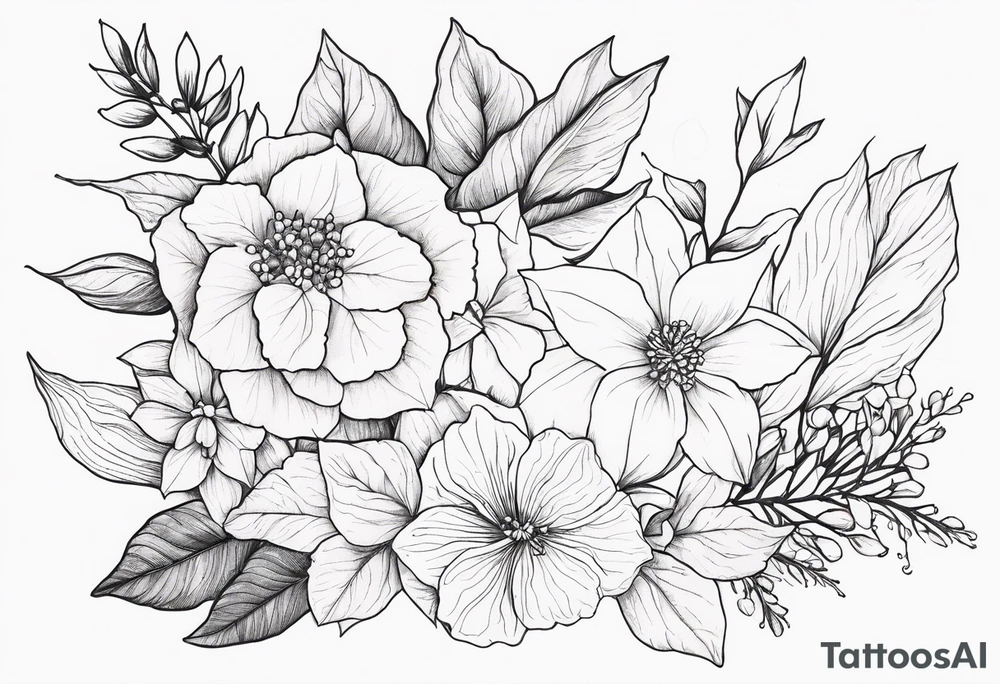 Hydrangea, Narcissus, Poinsettia, Holly, Gladiolus, Poppy, Daisy, Sweet Pea floral tattoo idea