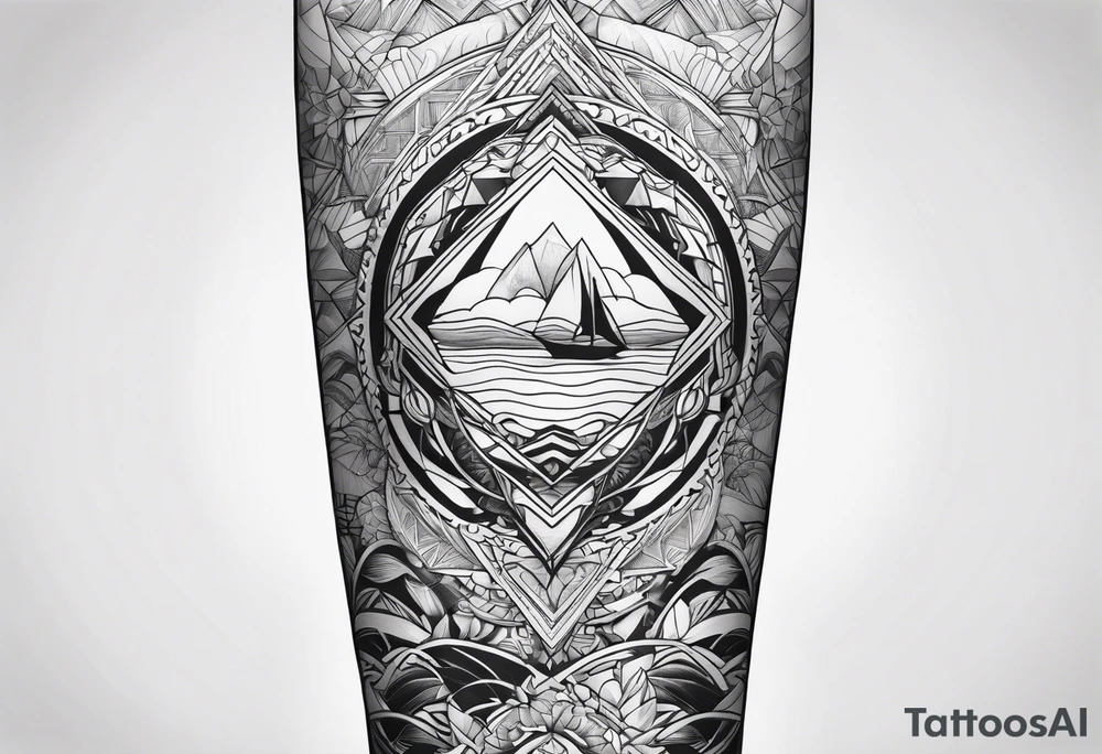 Sea full leg sleeve male geometric tattoo idea