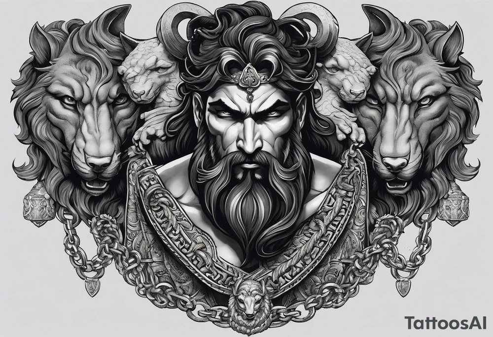 The tattoo features a highly realistic depiction of Hadès, the Greek god of the underworld, holding Cerberus, the three-headed guardian of the underworld, on a chain. Hadès is portrayed with a commanding and imposing presence. His face, marked by stern and intense eyes, exudes authority and control. His dark, flowing hair and beard are rendered with intricate details, adding texture and depth. He is draped in a richly detailed cloak that falls in realistic folds, enhancing his divine and somber demeanor. Cerberus, depicted in a dynamic and fierce pose, is shown with his three heads snarling and baring their fangs. Each head is intricately detailed with lifelike fur, sharp eyes, and menacing expressions. The three heads are chained, with the chains artistically wrapped around Hadès' hand, symbolizing his dominance over the beast. The chains themselves are depicted with realistic textures and shadows, emphasizing their weight and strength. The background remains minimalistic to keep the focus on Hadès and Cerberus. The tattoo uses detailed shading and highlights to bring out the textures of Hadès' cloak, Cerberus' fur, and the chains, capturing the dark and powerful essence of the Greek god and his fearsome guardian. tattoo idea