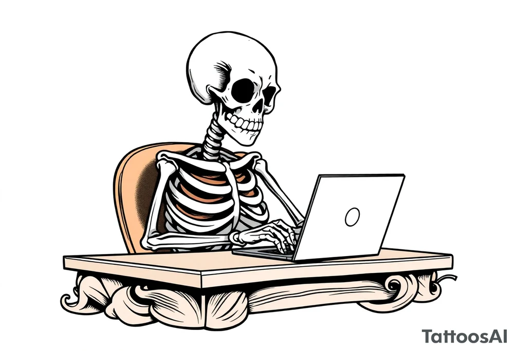 skeleton working at a desk with a laptop tattoo idea