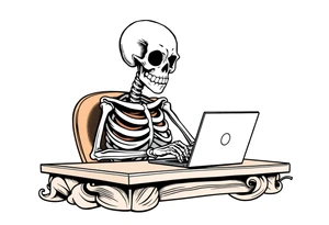 skeleton working at a desk with a laptop tattoo idea