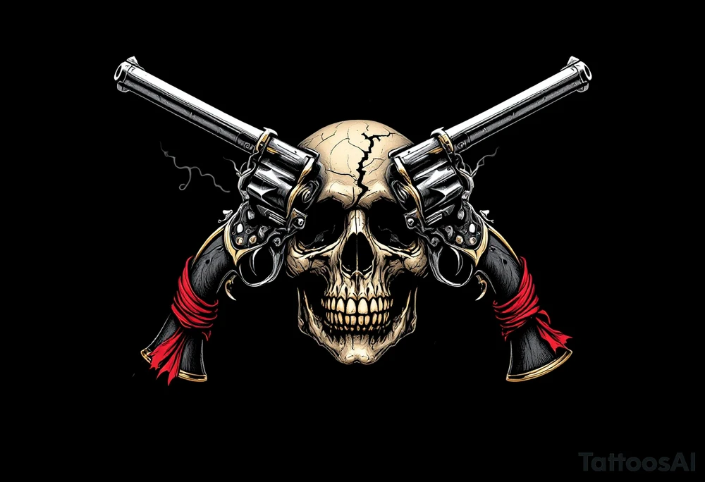Crossed Flintlocks – Two ornate black and silver flintlock pistols, crossed over a cracked pirate skull, with wisps of gunpowder smoke curling from the barrels. A red sash is tied around one grip, hinting at a pirate’s last stand. tattoo idea