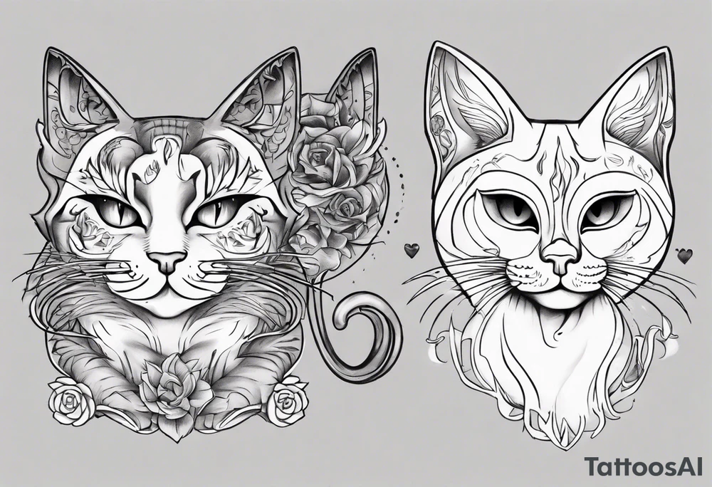 Maine coon cat and a grey cat with extra toes playing together tattoo idea