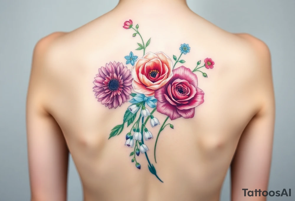 Bouquet of flowers starting upper middle back with stems down spine with a aster, carnation, rose, Lily of the valley, larkspur with stems Starting upper middle back to right shoulder tattoo idea