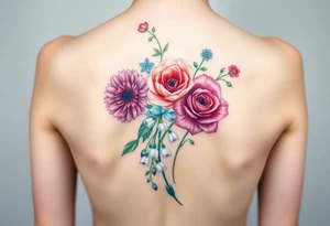 Bouquet of flowers starting upper middle back with stems down spine with a aster, carnation, rose, Lily of the valley, larkspur with stems Starting upper middle back to right shoulder tattoo idea