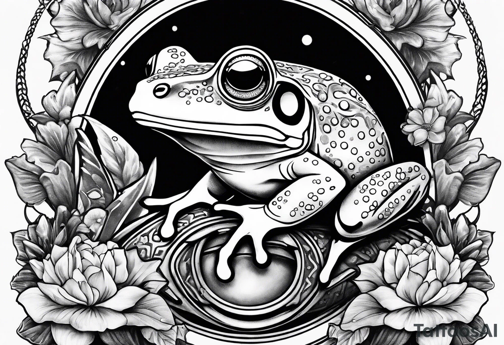 Frog with ring and flowers and sharks tattoo idea