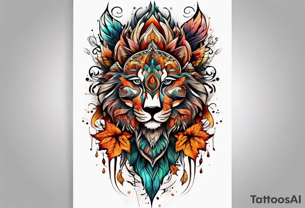 Knee tattoo in fall colors with water flow washes tattoo idea