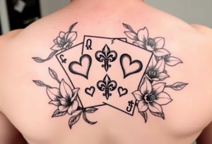 SIX of hearts card with 6 fleur de lis as the hearts and magnolias in the background tattoo idea