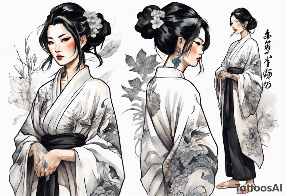 a black-haired woman dressed in a black and white robe, middle-aged, beautiful, asian tattoo idea