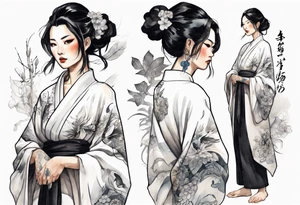 a black-haired woman dressed in a black and white robe, middle-aged, beautiful, asian tattoo idea