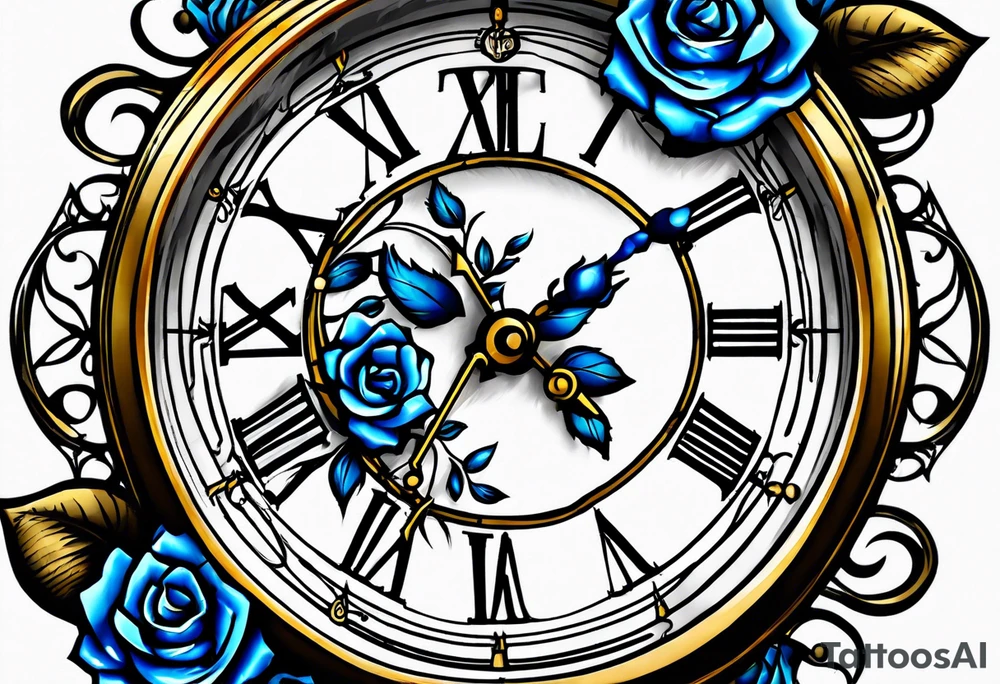 Pocket watch with blue roses tattoo idea