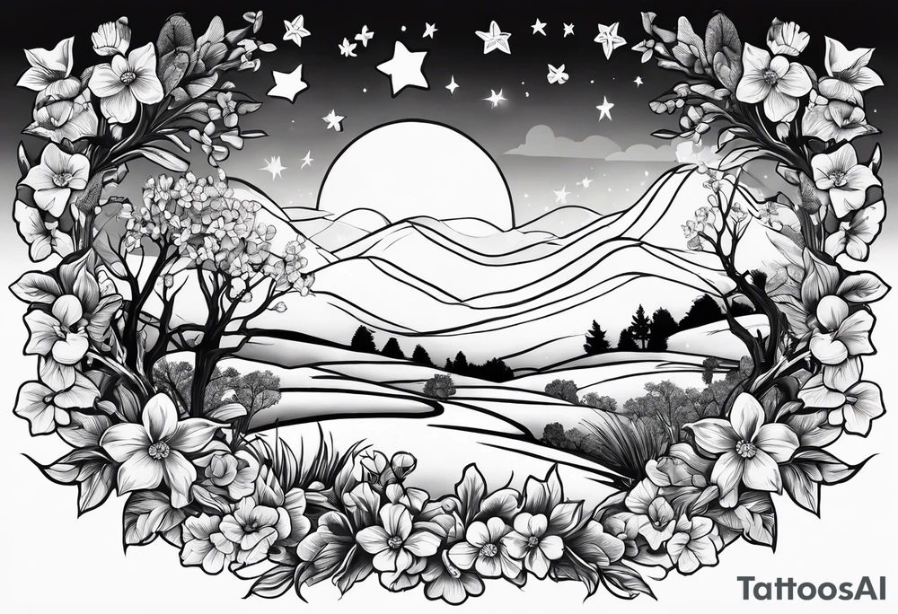 Winter sky, flowers, stars, violets, primroses, ash tree, daffodil, jonquil tattoo idea