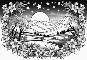 Winter sky, flowers, stars, violets, primroses, ash tree, daffodil, jonquil tattoo idea