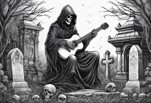 Grim Reaper playing guitar in a graveyard tattoo idea