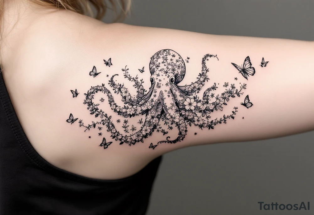 A fine-line tattoo design of a single octopus made entirely of flowers and butterflies. The octopus’s tentacles are shaped like flowing floral vines with leaves and petals, and its body is composed of overlapping blossoms and butterfly wings. The style is minimalist, elegant, and nature-inspired, with delicate black and grey lines, soft shading, and no outlines. No aquatic or marine elements besides the floral octopus. The design flows organically down the upper arm or shoulder, with a light, airy, and poetic feel. tattoo idea