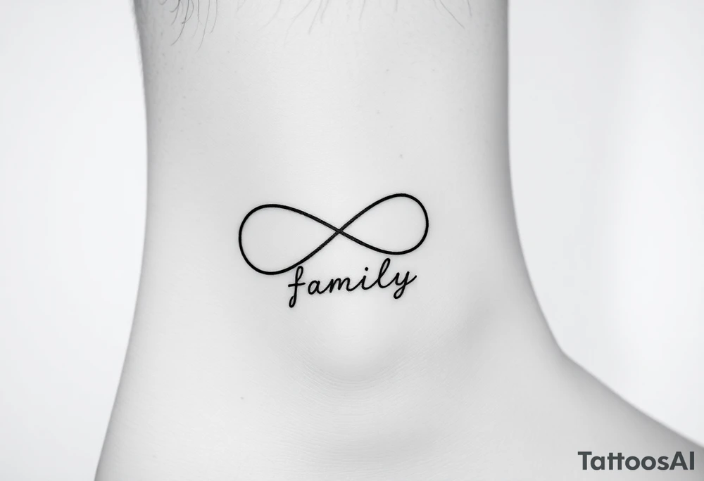 A minimalist infinity symbol composed of thin, intersecting lines, with the word "family" subtly incorporated along the curve in a contemporary font tattoo idea